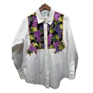 Quacker Factory Women's L Vintage 90's Button Up Collared Shirt Embroidery White